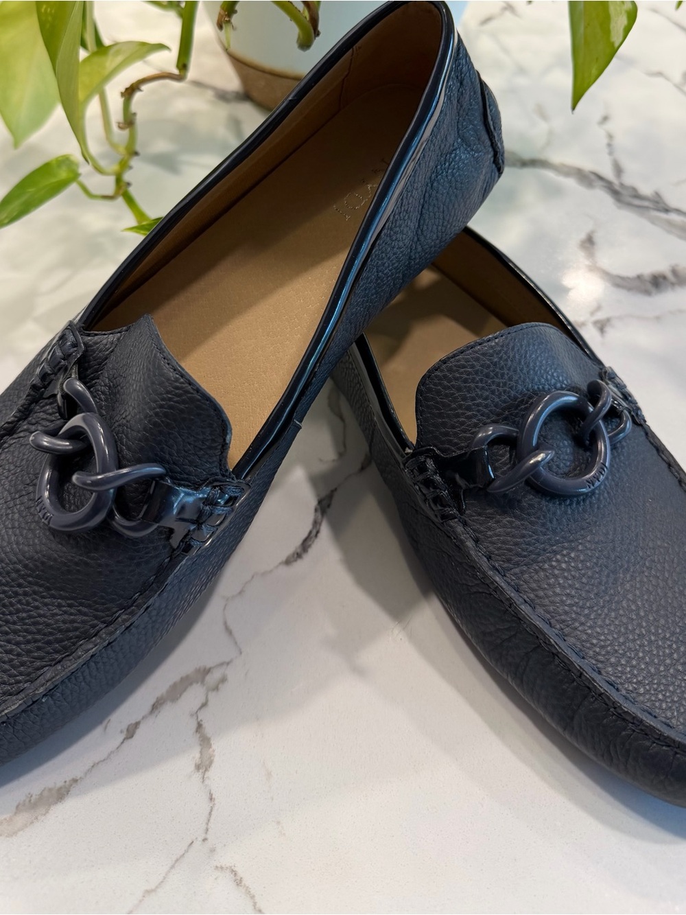 NYDJ Navy Pebbled Leather Chain-Link Loafers